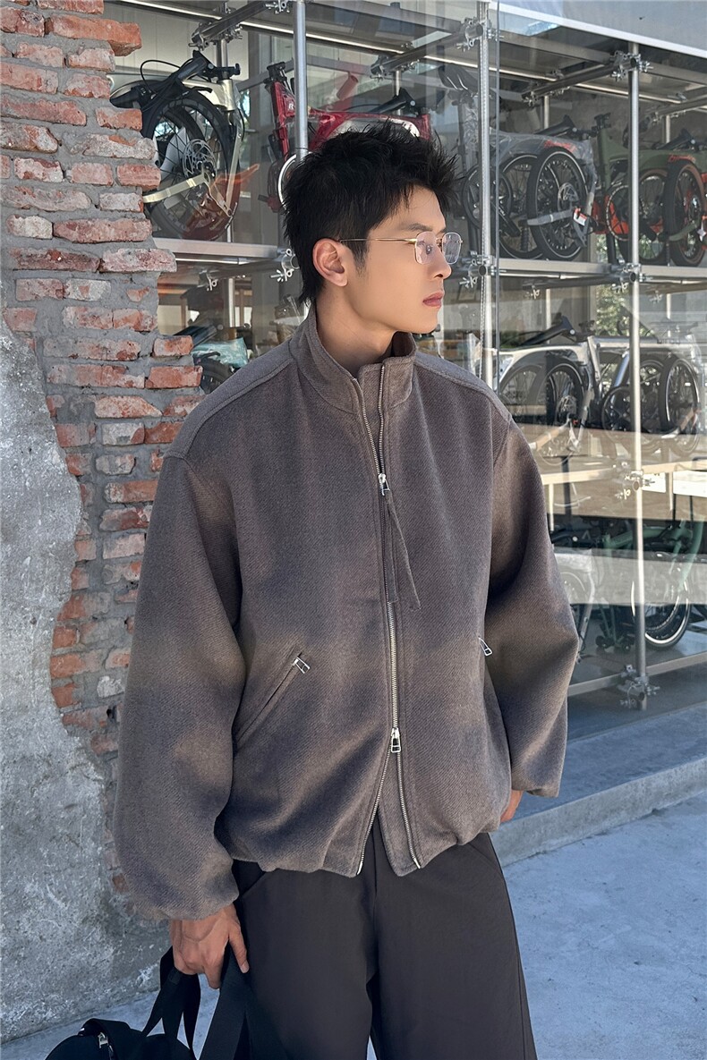 双拉链毛呢夹克外套秋冬短款呢子大衣宽松妮子风A236-JK625-P150,男装毛呢大衣,电商A236