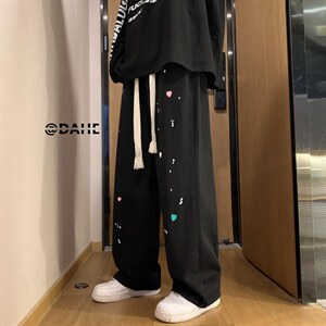 港风 春夏宽松百搭墨点印花休闲牛仔裤直筒裤男女NZ601 P65控88图片