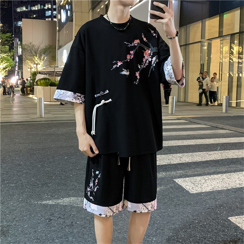 新中式风两件套夏季新中式禅意短袖t恤男套装A436-D220-P52，男装休闲套装，电商A436