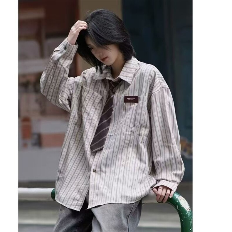 春秋港风长袖条纹衬衫男女同款青少年感中性风宽松衬衣薄C92,男装衬衫,星座1116A（原606A-3）