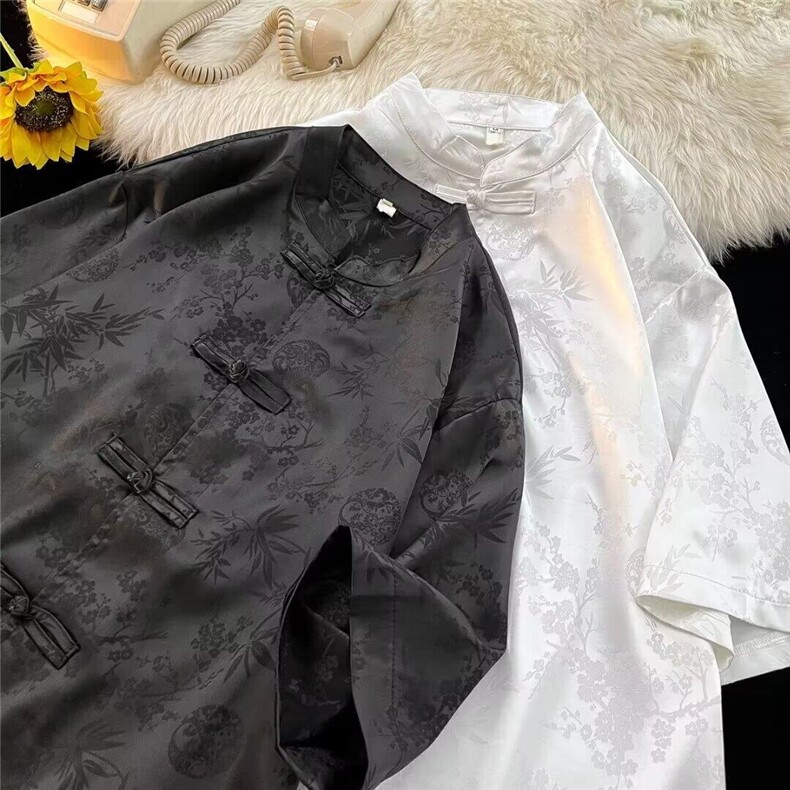 新中式盘扣短袖衬衫唐装男女款高级感痞帅汉服衬衣情侣外套C175,男装T恤,星座601-1