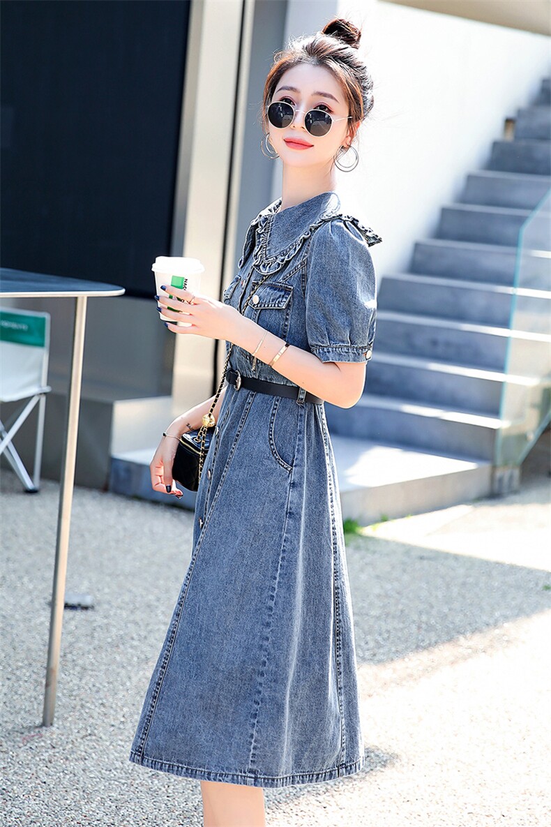 时尚显瘦牛仔连衣裙女夏季新款韩版气质修身中长款裙子,女装连衣裙,秋水欣儿