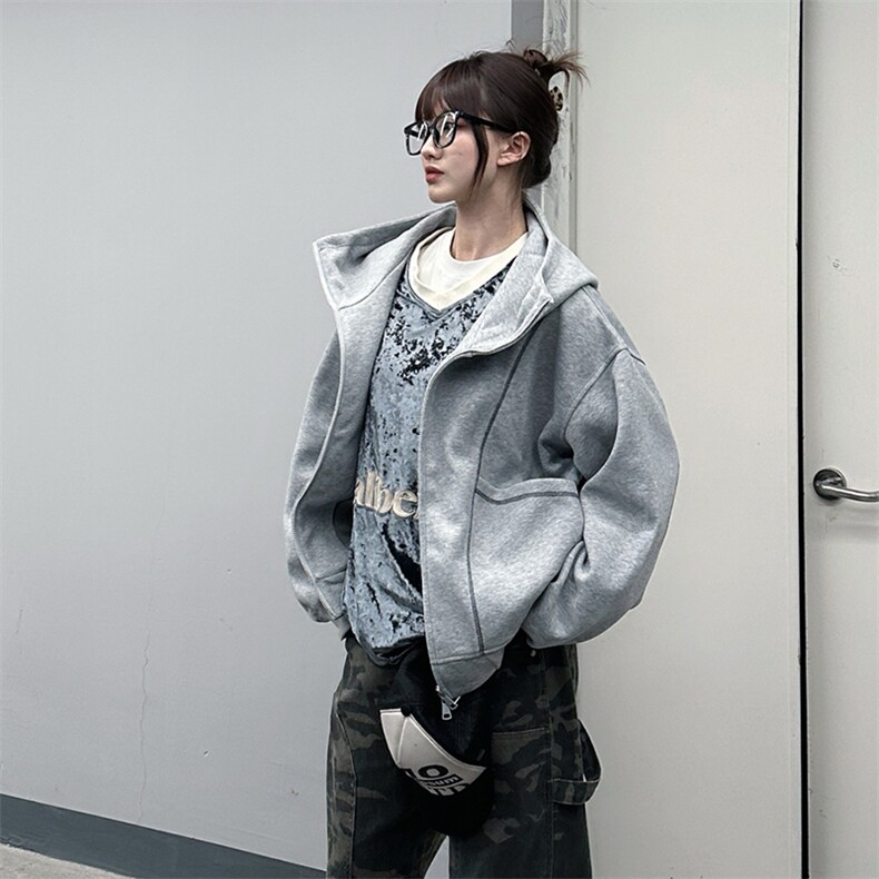 抖音得物高品质秋冬美式高街重磅结构辑明线纹理连帽卫衣外套W111图片