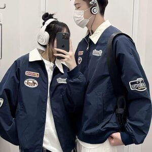 美式复古翻领飞行外套春季2025新款情侣宽松百搭设计棒球夹克上衣图片
