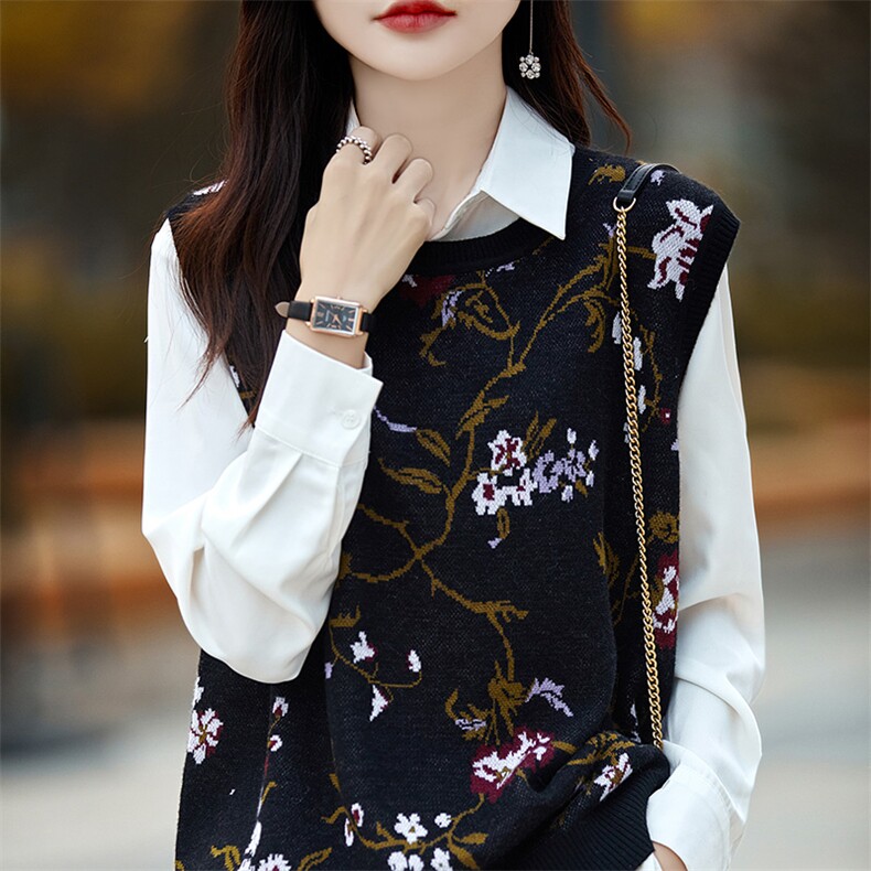 马甲女圆领提花无袖毛衣坎肩羊毛针织拼色无袖背心叠穿外搭上衣新,女装马甲,片语羊绒