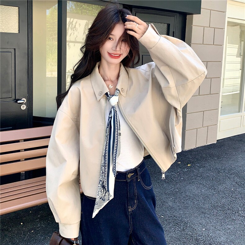 超火爆款丝巾翻领短外套女2025秋季新款宽松休闲减龄显瘦夹克上衣,女装短外套,2C007