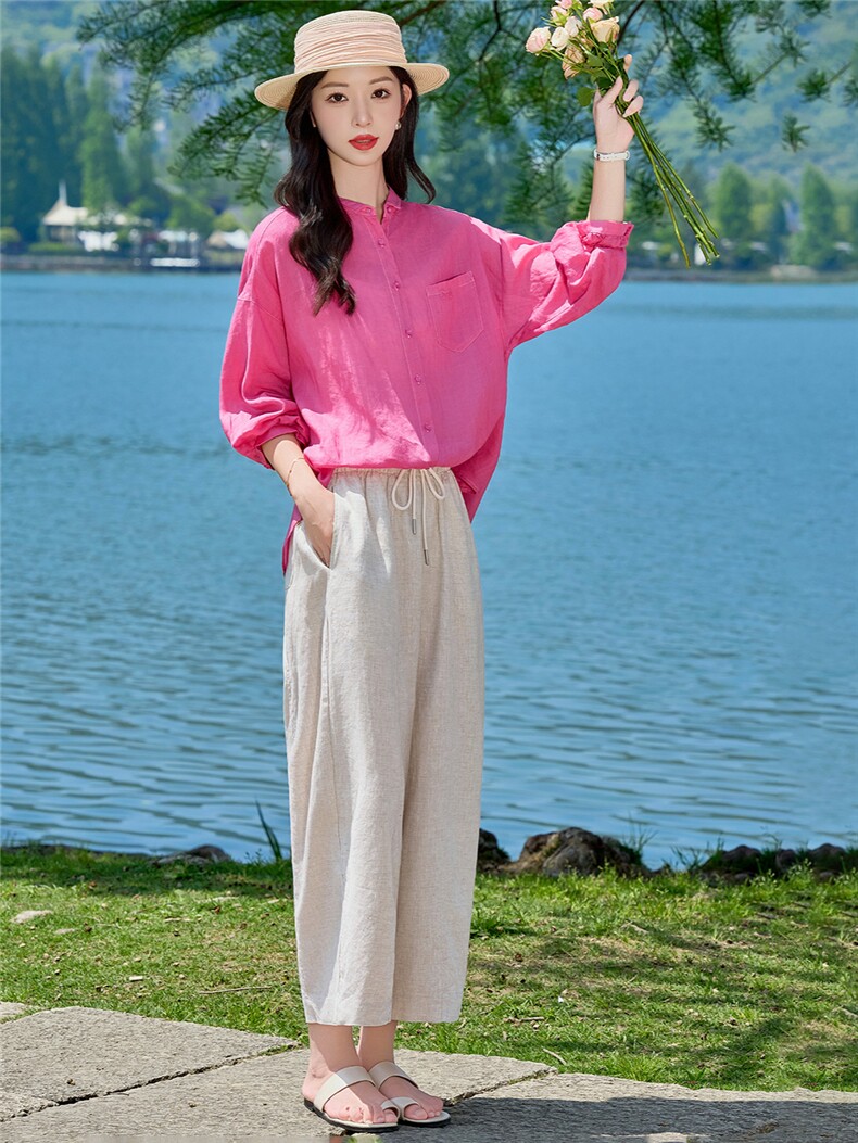 长袖棉麻上衣女2026年夏季气质翻领宽松慵懒风防晒衬衫罩衣,女装衬衫,梦懿尔