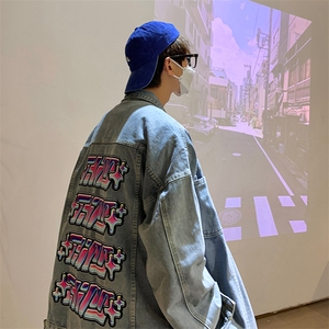 男装牛仔外套 23秋新款彩色印花学生夹克潮牌上衣XZ514-2-N33-P88图片