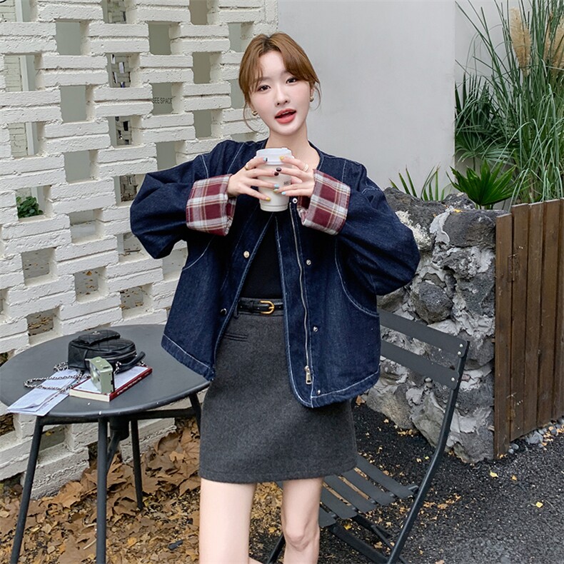 现货~~！！港风复古宽松休闲短款格子拼色牛仔外套P145,女装短外套,2C262