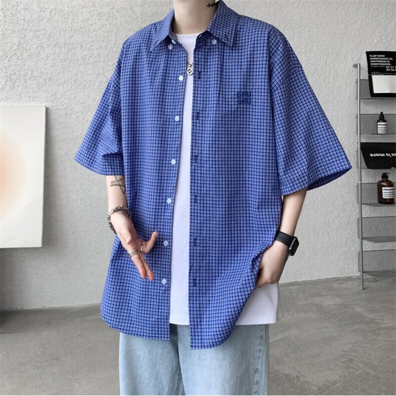 2026夏季美式复古宽松格子短袖衬衫男女休闲百搭衬衣外套C100-P38,男装衬衫,星座308B-1
