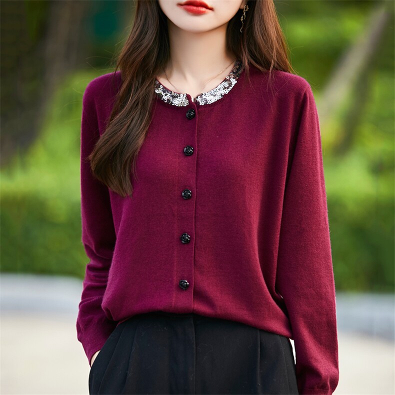 2025秋季新款重工钉珠镶钻针织开衫外套女圆领长袖上衣保暖毛衣潮,针织衫/毛衣,暖烁羊绒