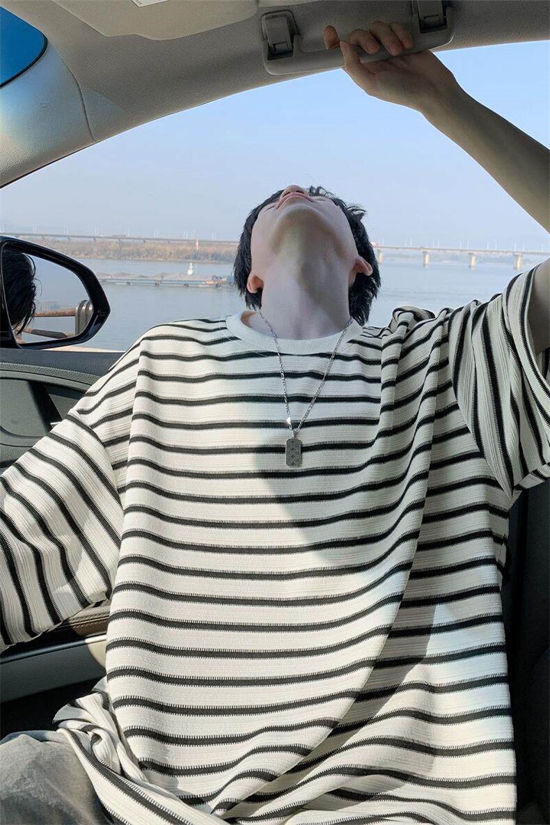 特批P30无差价夏季潮流条纹宽松圆领五分短袖T恤男休闲上衣T5085,男装T恤,电商A001-1
