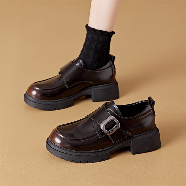 春夏新款英伦风套脚小皮鞋女鞋厚底单鞋魔术贴真皮乐福鞋女，女鞋小皮鞋，星座1407-3