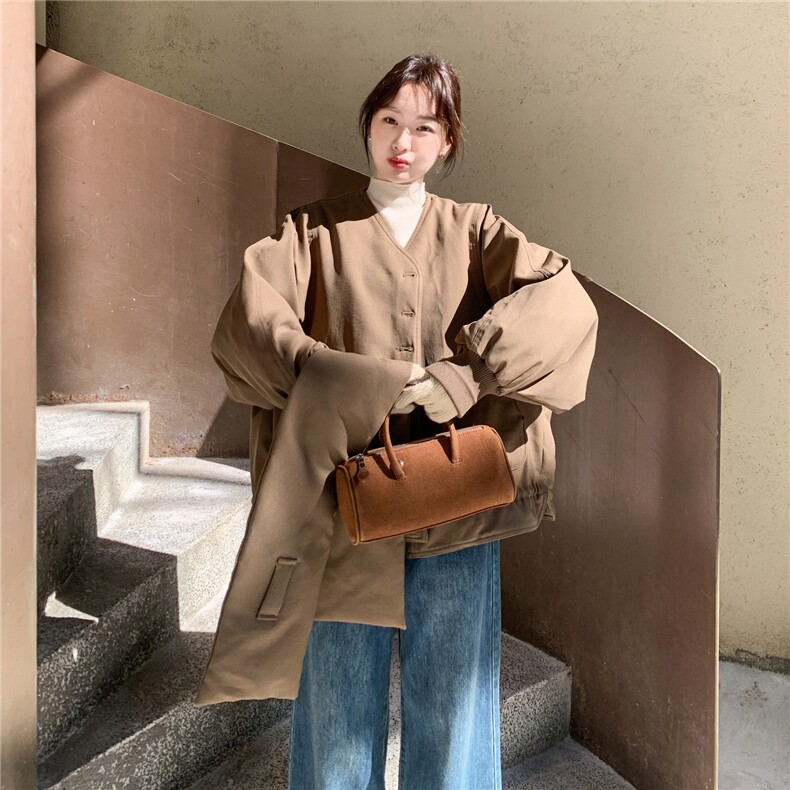 韩系拼接撞色格子围巾短款羽绒服女2025冬立领宽松小个子减龄外套,女装羽绒服,艾米莉亚