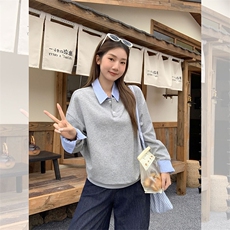 抖音得物高品质26春装美式高街假两件衬衫领长袖卫衣POLO领打底衫，男装T恤，电商A486