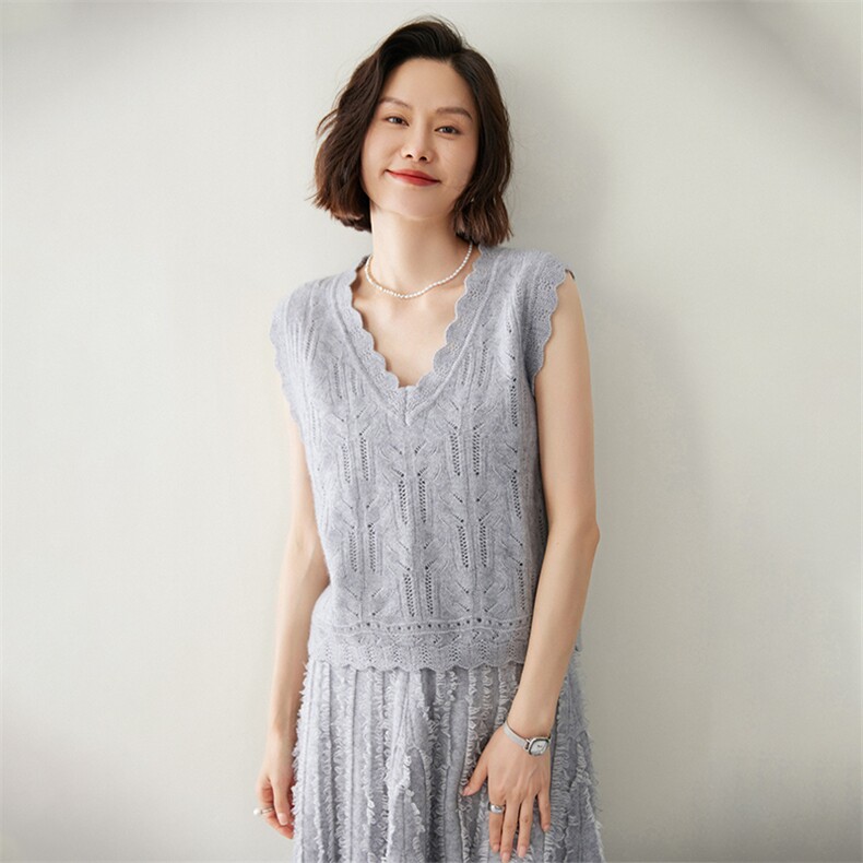 优雅花边镂空羊绒马甲女士时尚百搭V领无袖针织背心秋冬保暖上衣,女装马甲,迎冬羊绒
