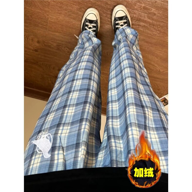 蓝色格子加绒阔腿裤男女秋冬高腰休闲直筒显瘦设计感慵懒风裤子，男装卫衣，星座506A