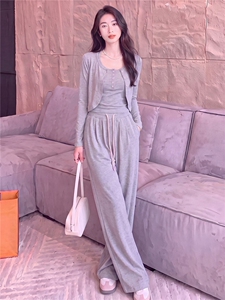 春秋慵懒风休闲时尚套装韩版修身开衫上衣内搭吊带阔腿长裤三件套图片 春秋慵懒风休闲时尚套装韩版修身开衫上衣内搭吊带阔腿长裤三件套图片