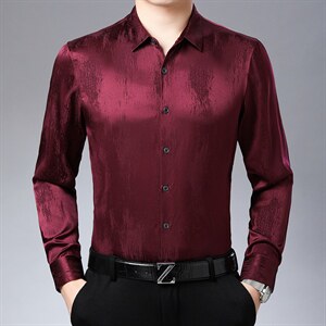 2023秋季新款高级感衬衫翻领中年时尚印花丝绸男衬衣爸爸装图片