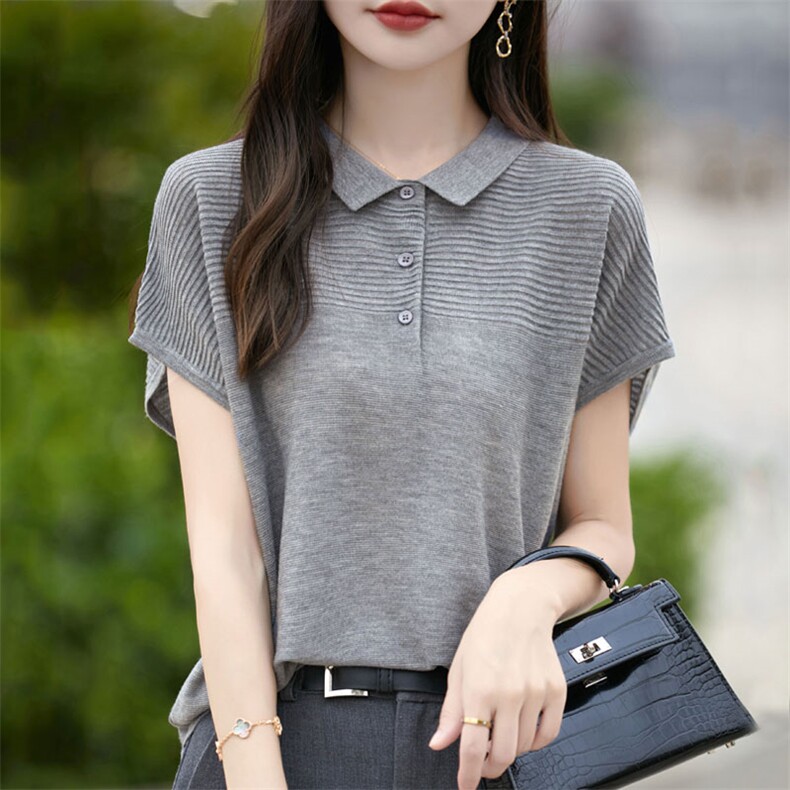 夏季POLO领羊毛混纺针织短袖T恤女宽松娃娃领落肩袖桑蚕丝上衣薄，女装T恤，暖烁羊绒