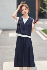 超好看时尚休闲牛仔套装裙女夏季撞色假两件上衣高腰半身裙两件套，女装套装/套裙，布芭啦