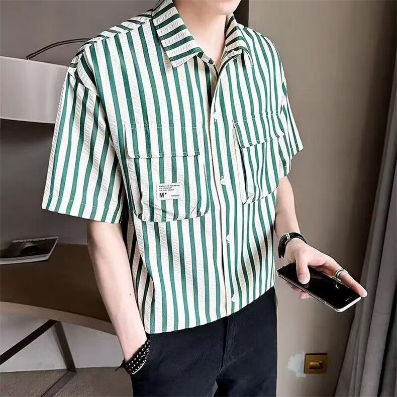 青少年条纹翻领短袖衬衫男孩夏季工装薄款外套高中学生七分袖衬衣,男装T恤,星座506A