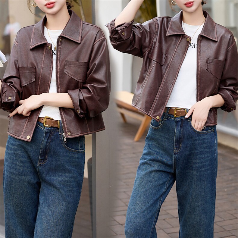 流行安哥拉红皮衣夹克外套女春秋2024新款复古港风休闲小个子上衣，女装皮衣，潮流依族