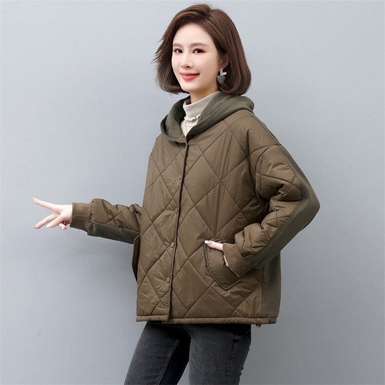 棉衣棉服女2022新款冬季短款连帽秋冬妈妈拼接薄款夹棉外套,女装棉衣/棉服,忆绮罗