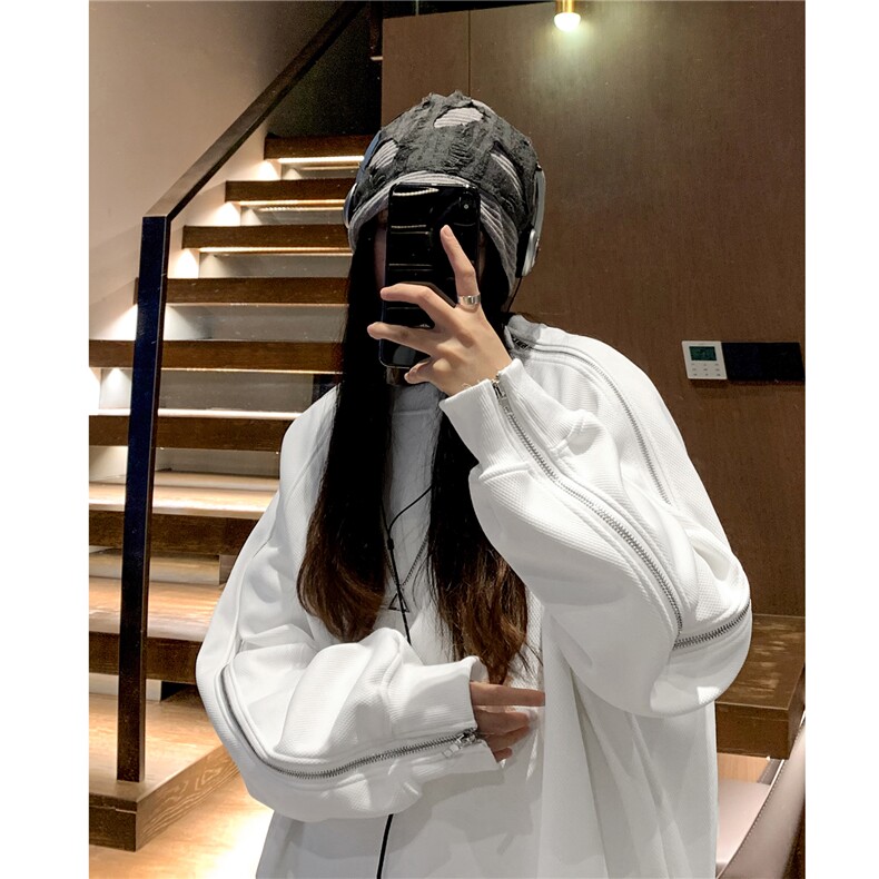 秋装新品 复古高街拉链设计感情侣卫衣宽松中性外套男女 H930 P58图片