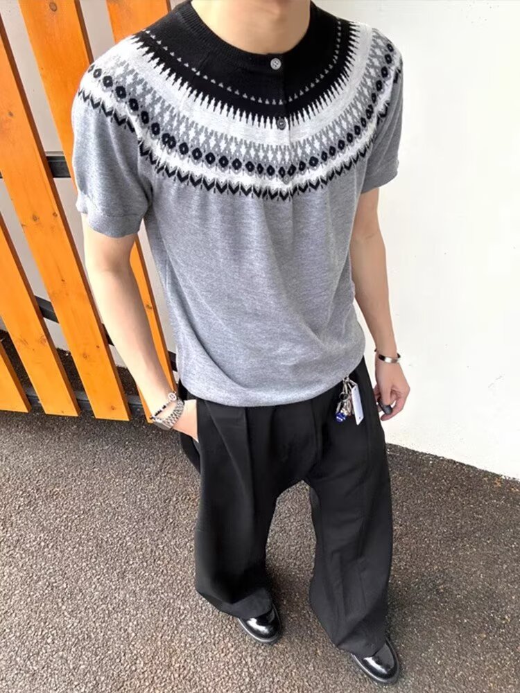 夏季费尔岛针织短袖T恤男复古小领口正肩慵懒风松弛设计感半袖t恤,男装T恤,四季星座505