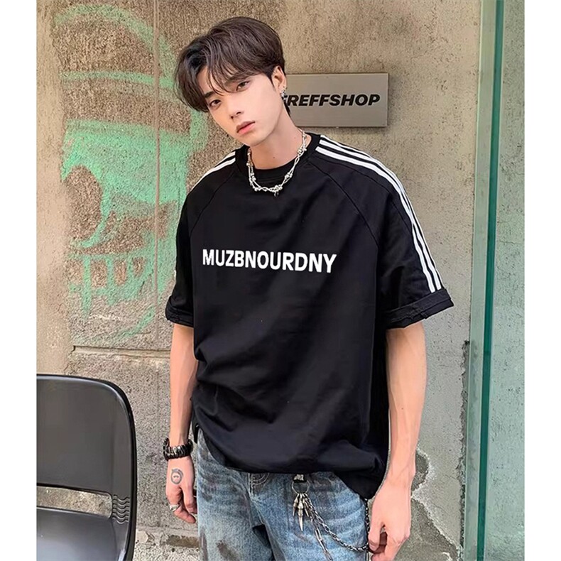 抖音得物高品质二开240克宽松纯棉美式潮牌三条杠织带短袖T恤，男装T恤，电商A486-1