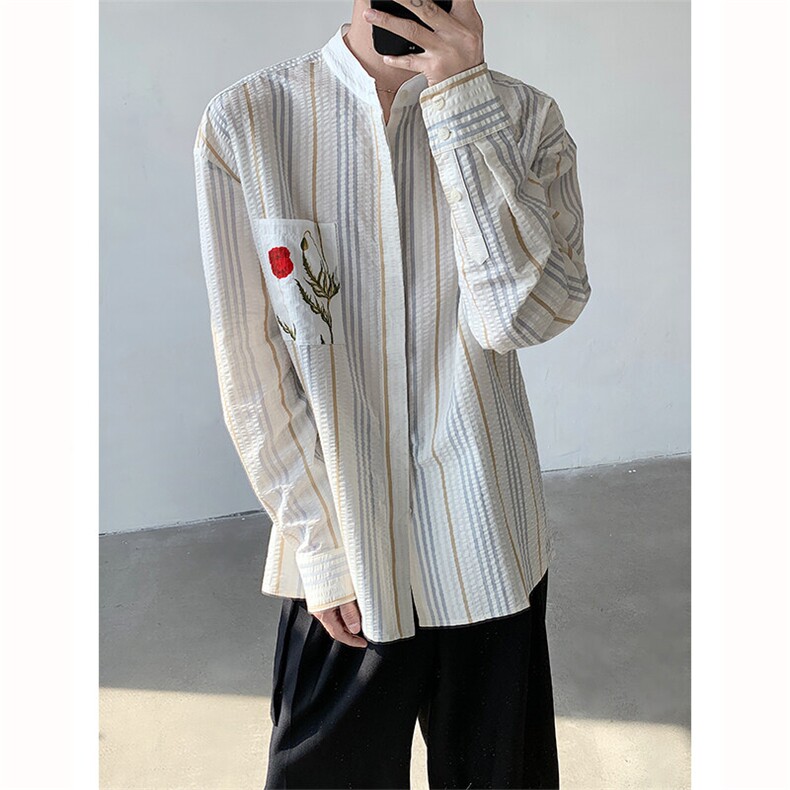 现货！25设计感泡泡纱男士彩色条纹立领衬衫CS90-P68,男装衬衫,电商B288