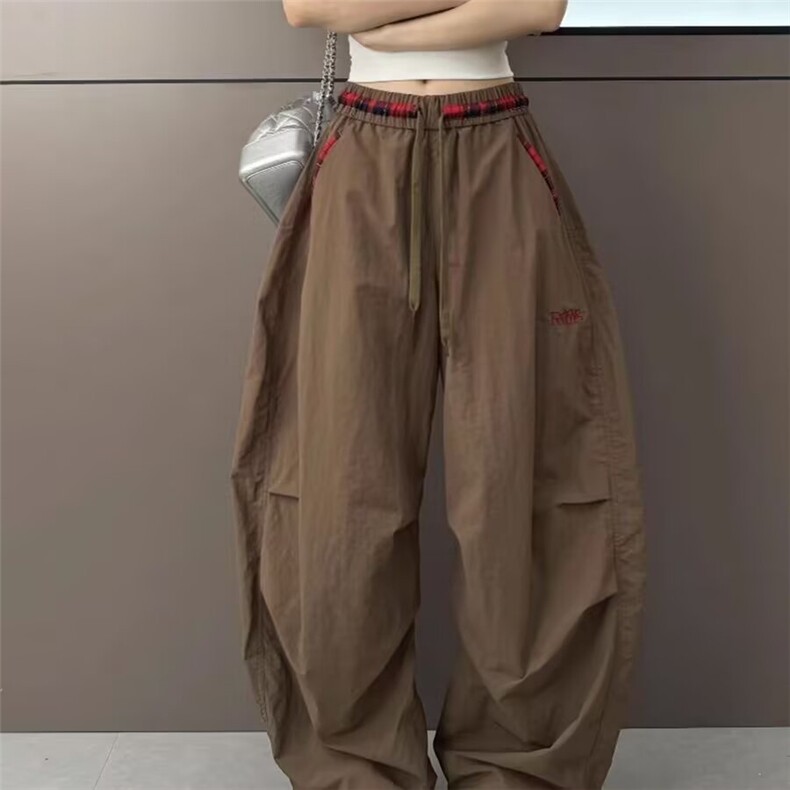 时尚撞色格子腰头刺绣字母抽绳阔腿裤男女夏季休闲长裤MKK29P47，男装休闲裤，星座1013-5