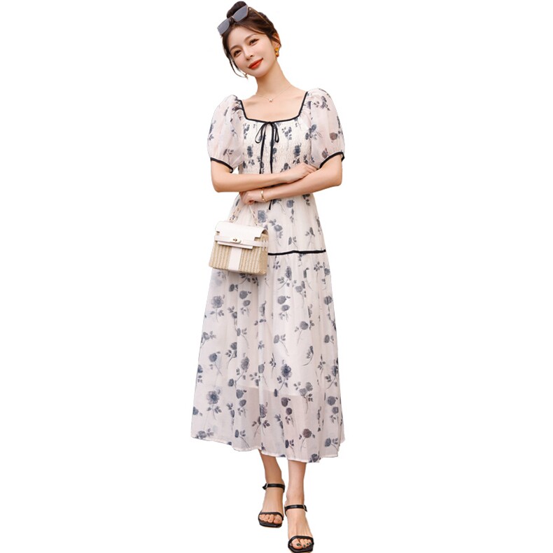 优雅蝴蝶结U型领泡泡短袖优雅印花女装长款修身甜美连衣裙,女装连衣裙,微微衣阁