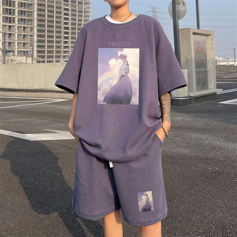 ！2025夏季华夫格短袖套装学生百搭一套衣服HTZ90P50图片
