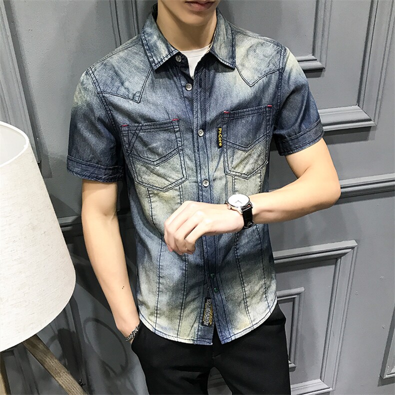 19春夏季欧美潮流复古式翻领牛仔衬衣品质短袖衬衫DX0127P85,男装衬衫,钱塘730-1