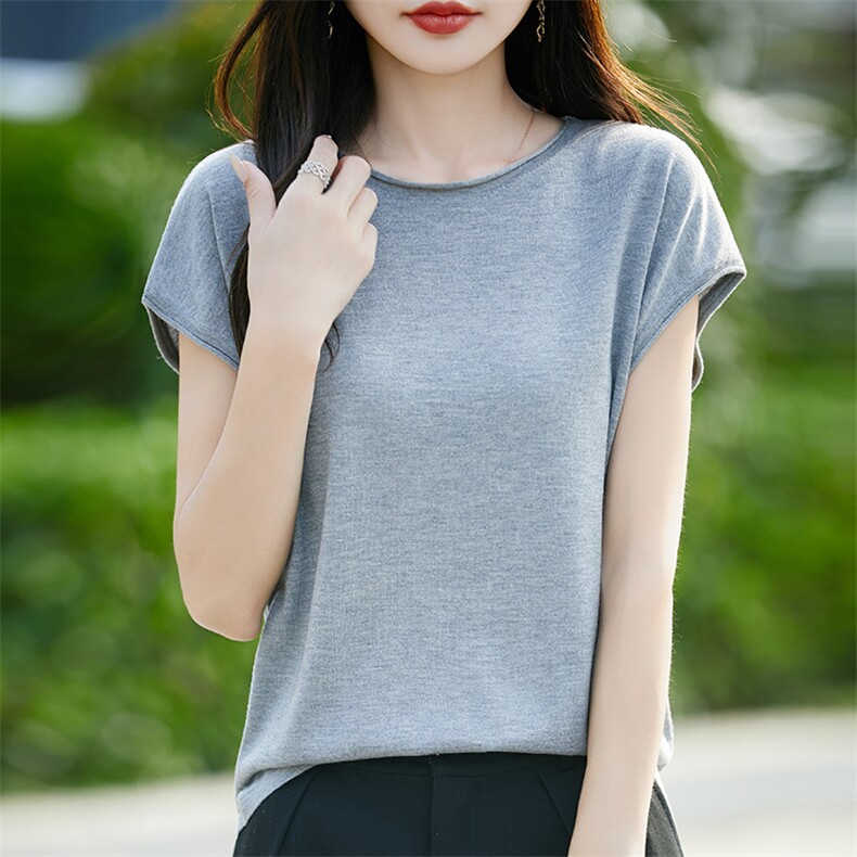 高级感简约圆领针织小飞袖T恤女2025新款宽松显瘦百搭短袖t恤上衣,针织衫/毛衣,羿纯羊绒