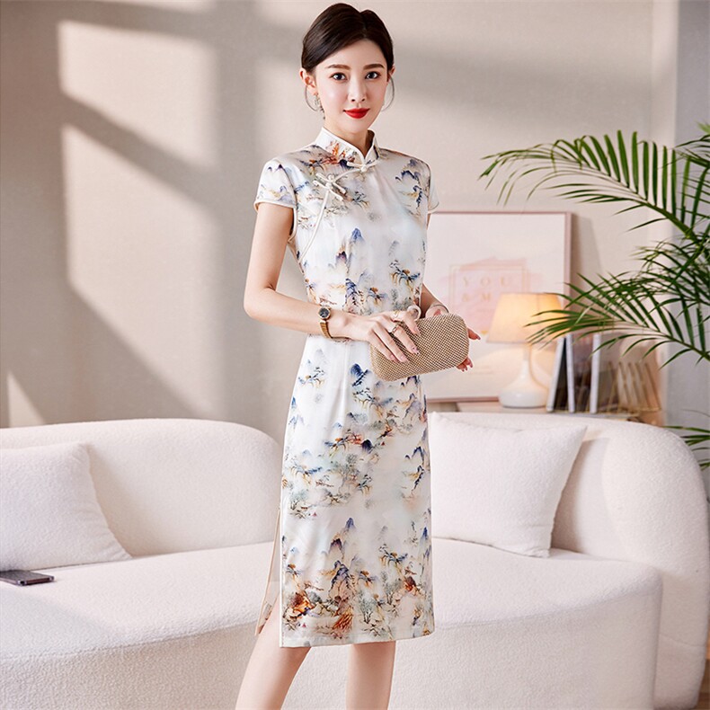 杭州原创桑蚕丝旗袍裙2023夏季新款复古风真丝盘扣连衣裙妈妈装,女装汉服/婚纱/旗袍/礼服,媚琳依坊