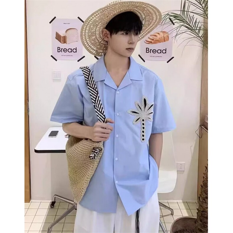 夏季简约基础椰树刺编织短袖衬衫度假风百搭休闲衬衣 C22541图片