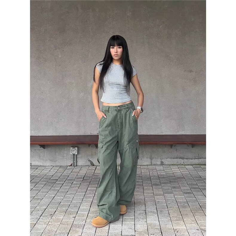 褶皱美式复古设计感多口袋工装裤男女宽松休闲设计感直筒阔腿裤潮图片