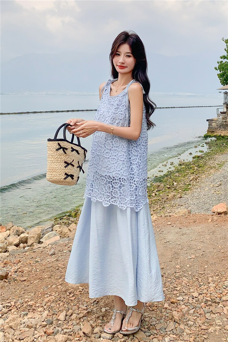 蓝色度假风镂空罩衫套装裙女2025夏季新款超好看吊带半身裙两件套,女装套装/套裙,2C133