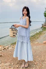 蓝色度假风镂空罩衫套装裙女2025夏季新款超好看吊带半身裙两件套，女装套装/套裙，2C133