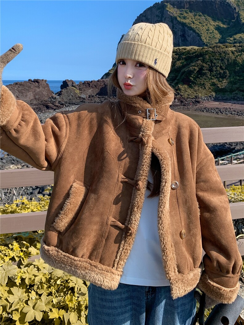 皮毛一体仿羊羔毛短外套女冬季2025新款爆款小个子加绒加厚棉服潮,女装羊羔毛/颗粒绒,诺蝶