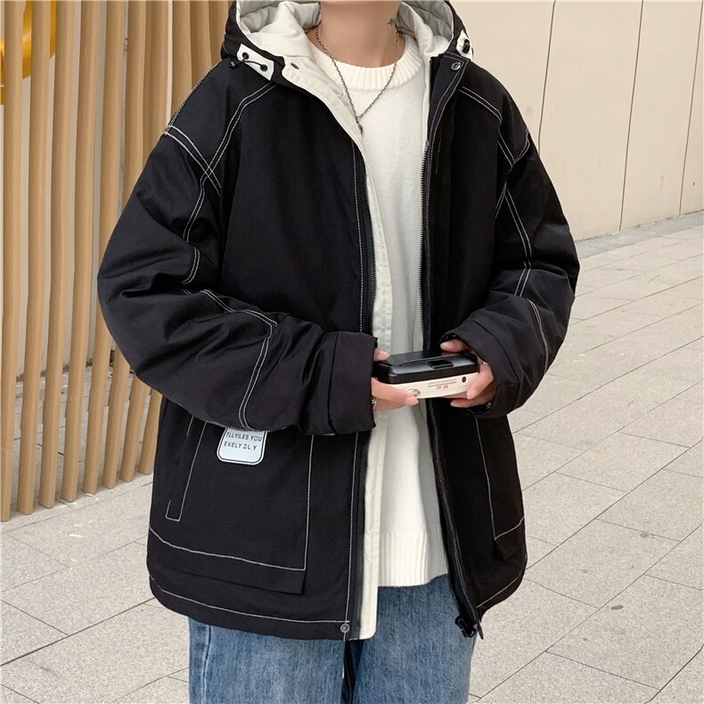 反光贴标冬季男工装辑明线连帽羽绒棉服A338-1MY87P135控158,男装棉衣,电商D325
