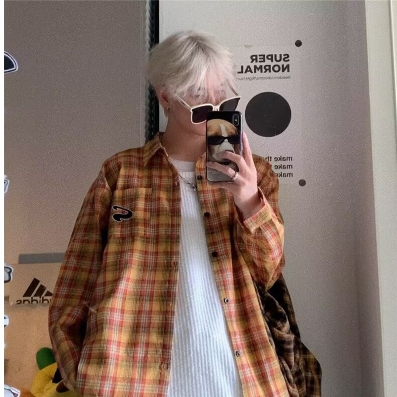 黄色格子衬衫男女宽松衬衣外套设计感小众长袖薄款上衣CS04/P38,男装衬衫,星座506