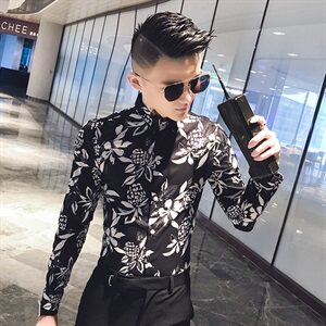 312A-741-P50 2021 秋季波罗印花修身长袖衬衫男夜店发型师衬衣图片