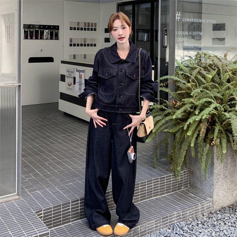 深蓝色工装风牛仔套装女2025秋季韩系减龄松弛风外套阔腿裤两件套,女装套装/套裙,2C050