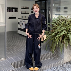 深蓝色工装风牛仔套装女2025秋季韩系减龄松弛风外套阔腿裤两件套，女装套装/套裙，2C050