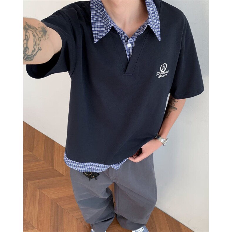 美式复古格子假两件短袖T恤男女夏季学院风POLO衫宽松慵懒风上衣,男装Polo衫,星座601-1