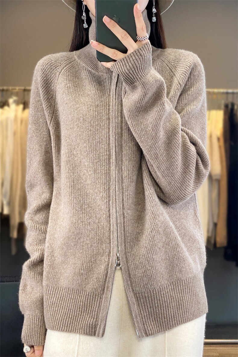 休闲立领毛衣外套女2024新款针织衫羊毛开衫上衣拉链卫衣韩版外搭,女装羊毛衫,端硕羊绒